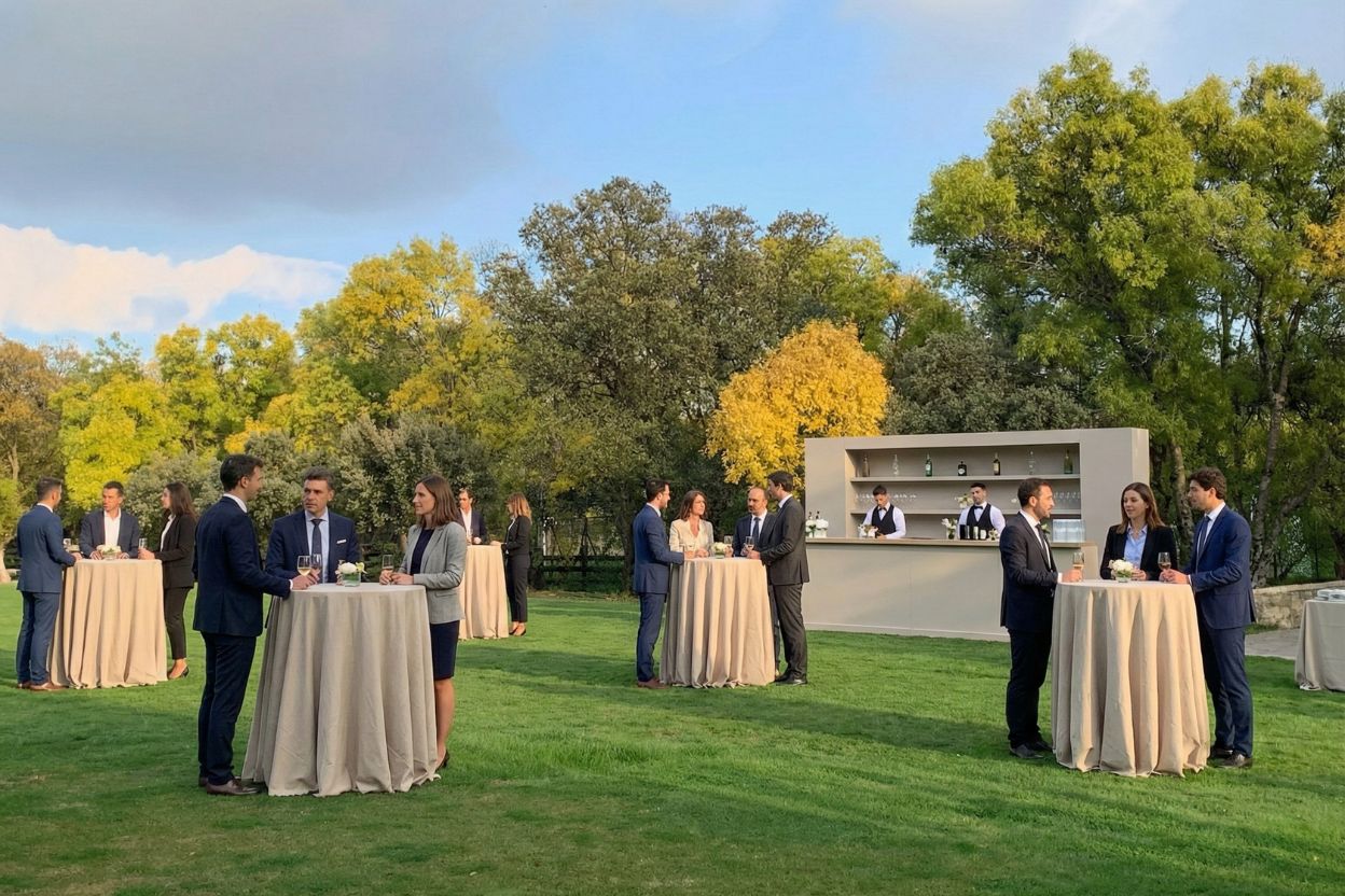 Cócteles corporativos en Madrid y eventos de empresa organizados en la finca La Quinta Escondida en la sierra madrileña